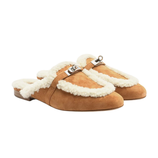 OZ FLAT MULES IN NATUREL SUEDE AND SHEARLING WITH PALLADIUM KELLY BUCKLE